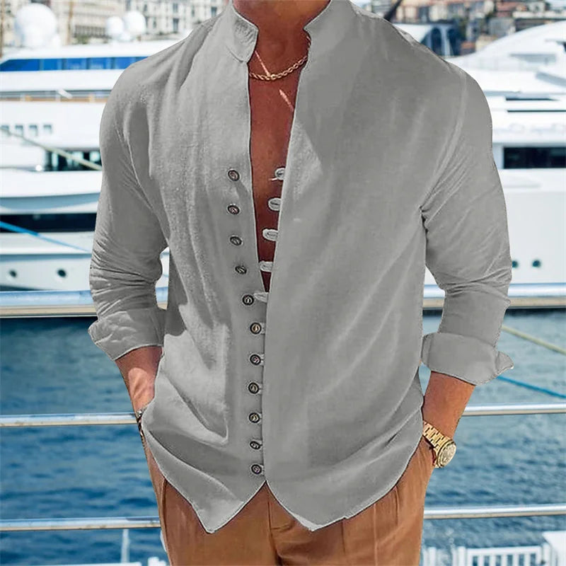 Men'S New Cotton and Linen Pocket Retro Stand-Up Collar Shirt