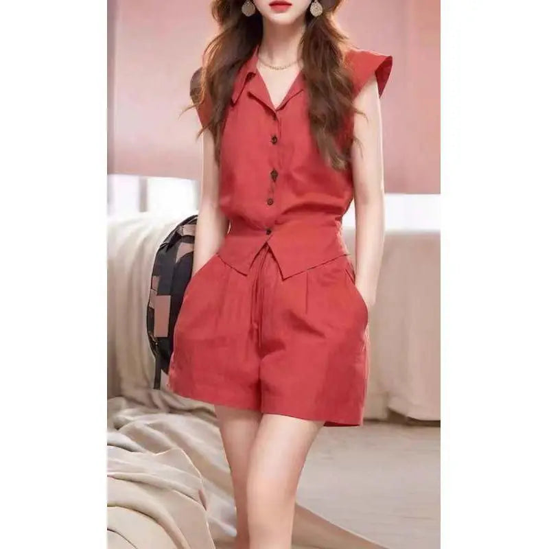 New Fashion Slim Summer Women's Suit Lapel Sleeveless Solid Color Shirt Top + Casual Wide Leg Short Two Piece Set