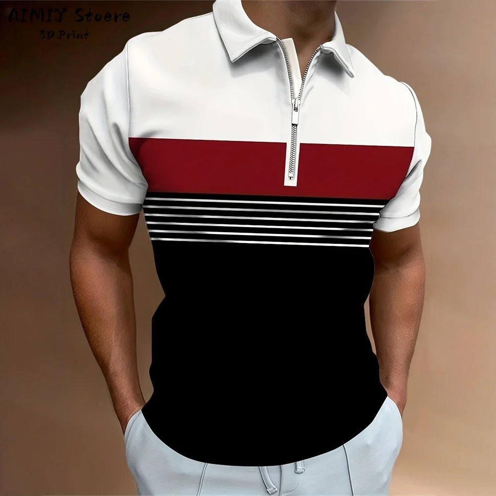 Men's Polo Shirt Striped Polo Shirt Casual Men's Top Short Sleeve Lapel Shirt White Base Gray Stripe Versatile Business Wear