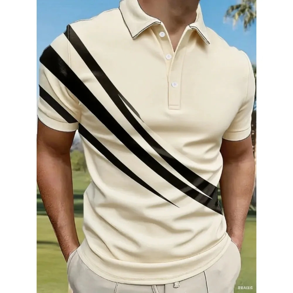 Summer Variegated Pattern Design Men's Short Sleeved White Button-up Polo Shirt Comfortable and Casual Daily Wear 100% Polyester