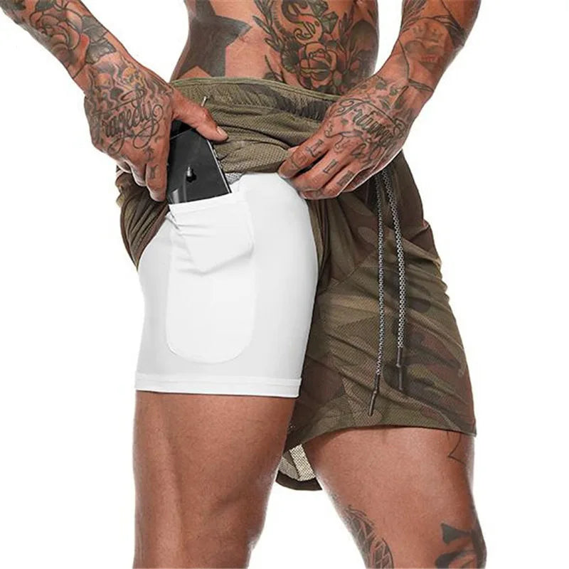 2 in 1 Compression Shorts for Men Gym Workout Running Shorts with Phone Pockets Athletic Quick Dry Activewear Training Jogging