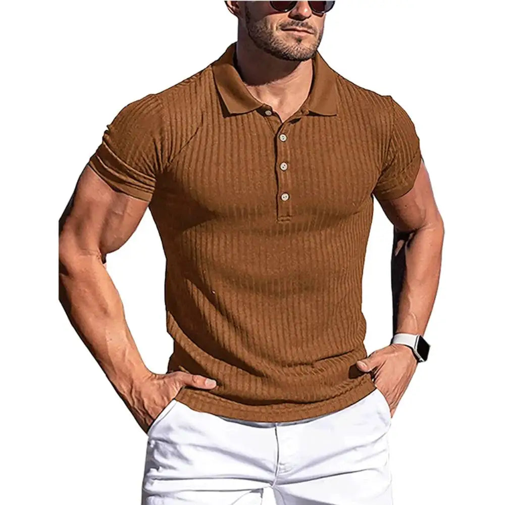 High Stretch Ice Silk Knit Stripe POLO Shirts Mens Slim Short-Sleeve Tops Tee Tshirt Lapel Neck Undershirt