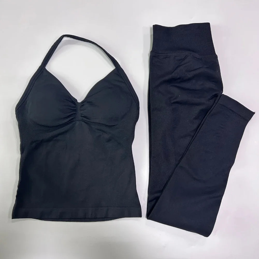 NO LOGO 2 Pieces Leggings Set Women Seamless Yoga Set Backless Tank Tops High Waist Scrunch Suit Fitness Scrunch Gym Sportswear
