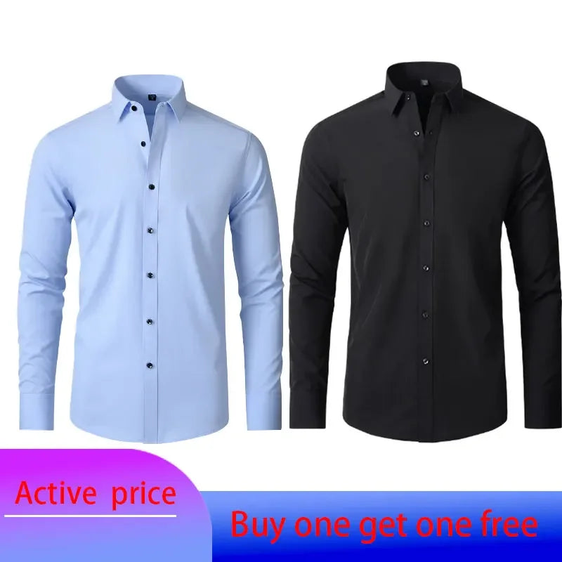 6xl New summer black men's shirt elastic force non-iron long-sleeved business casual shirt solid color mercerized vertical
