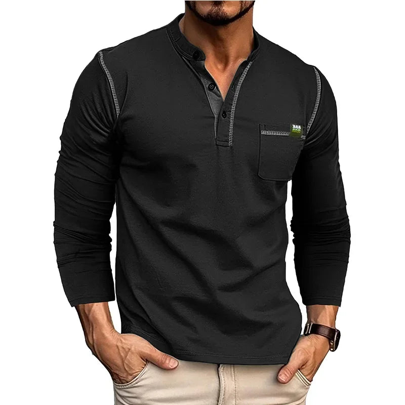 T-shirt Henry Collar Solid Color New Autumn Winter Men's Long-sleeved Casual Fashion Tee Top