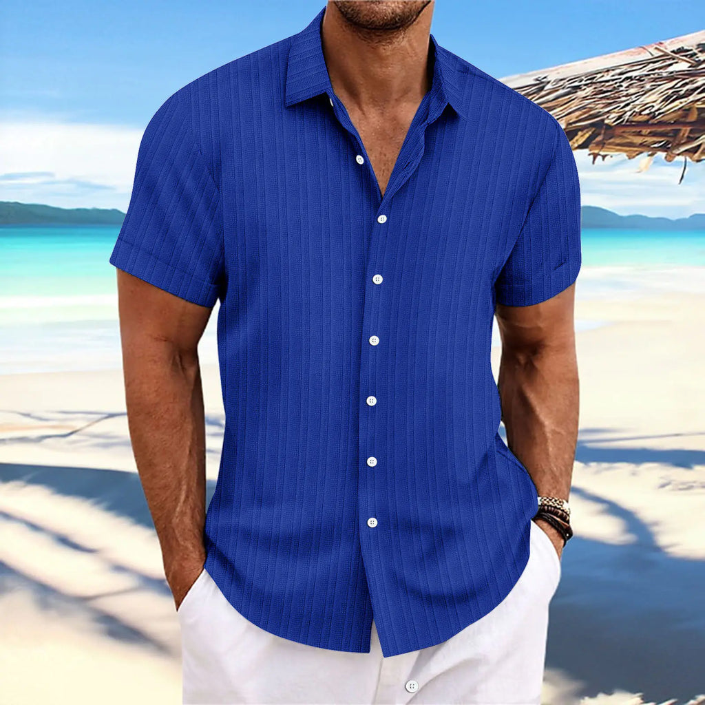 Men's Cotton-Linen Striped Casual Loose Short Sleeve Shirt