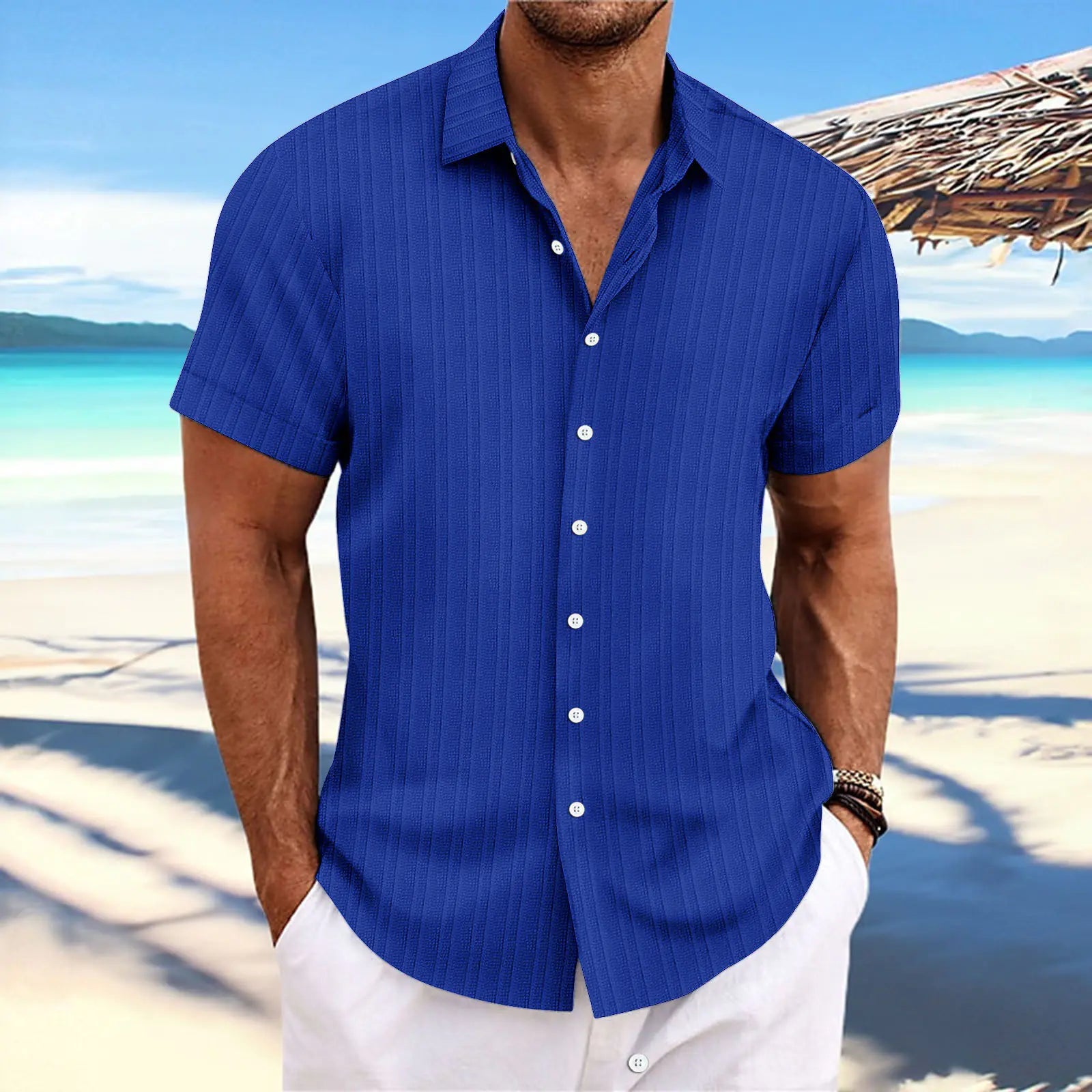 Men's Cotton-Linen Striped Casual Loose Short Sleeve Shirt