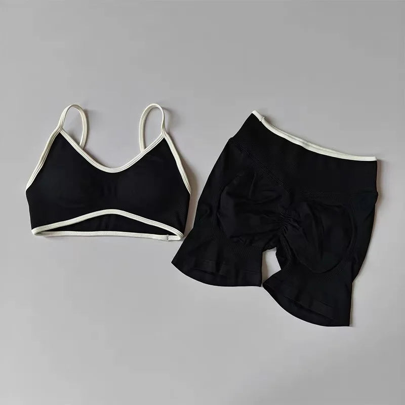 Peach Buttock Yoga Suit Women Gym Seamless Suspender Gathering Bra High Waist Hip Lifting Belly Tightening Shorts Fitness Set