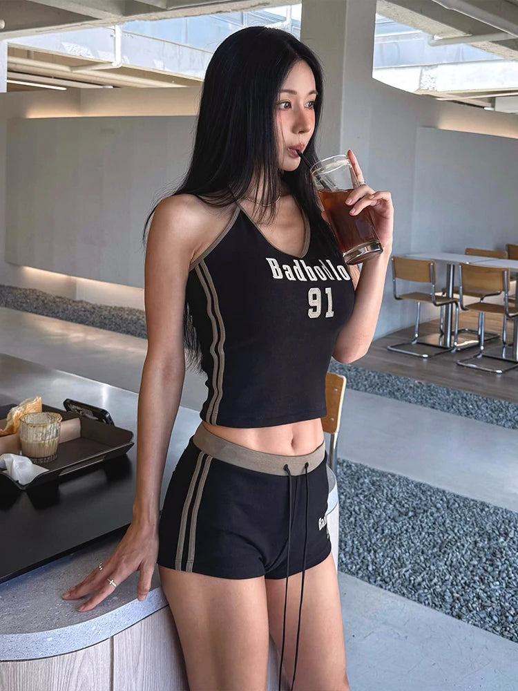 Weird Puss Sporty 2-Piece Set Women Tracksuit Stretch Halter Skinny Letter Print Camisole+Bandage Shorts Street Casual Outfits