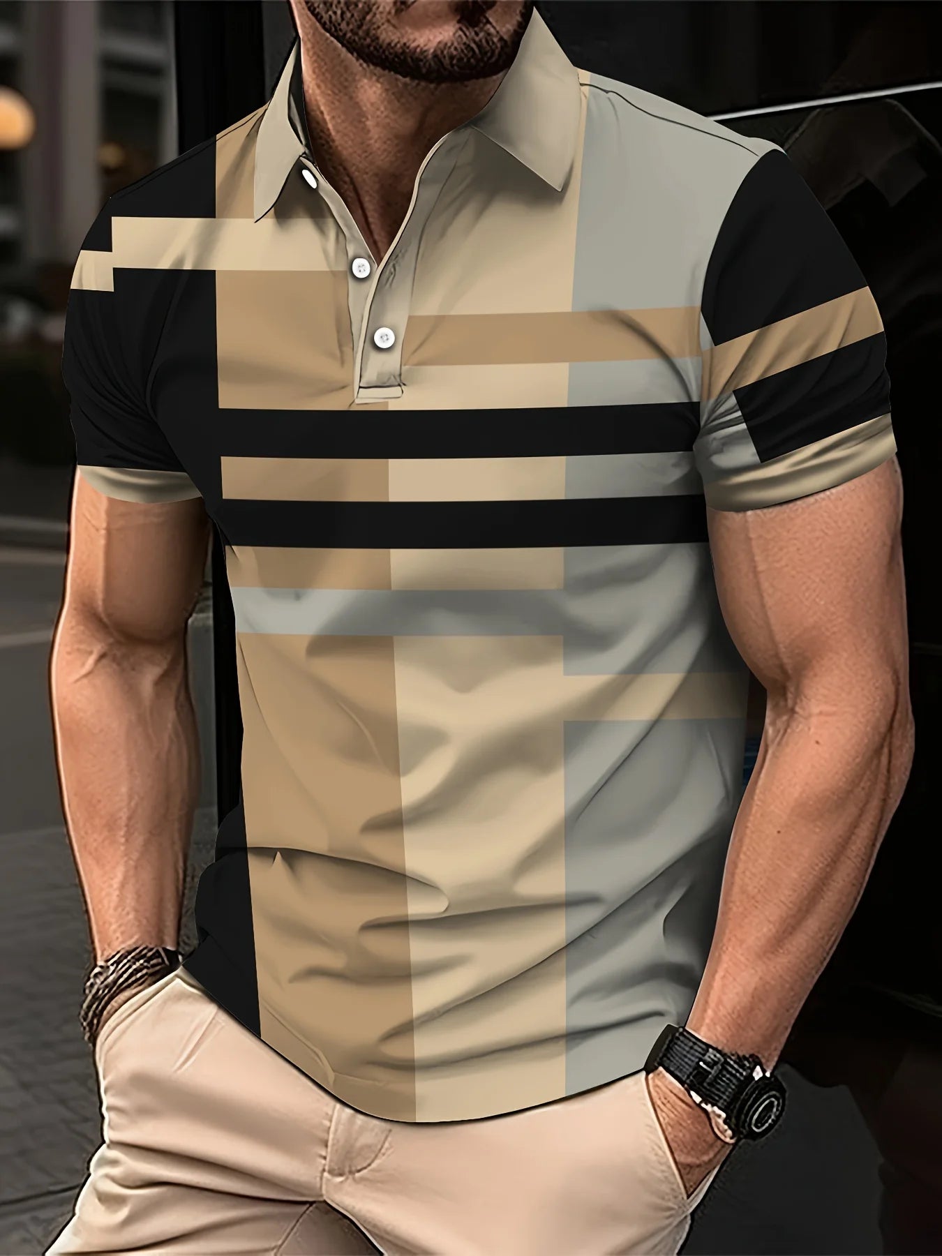 The new men's short-sleeved POLO shirt for summer 2025 features a casual and fashionable 3D striped pattern print