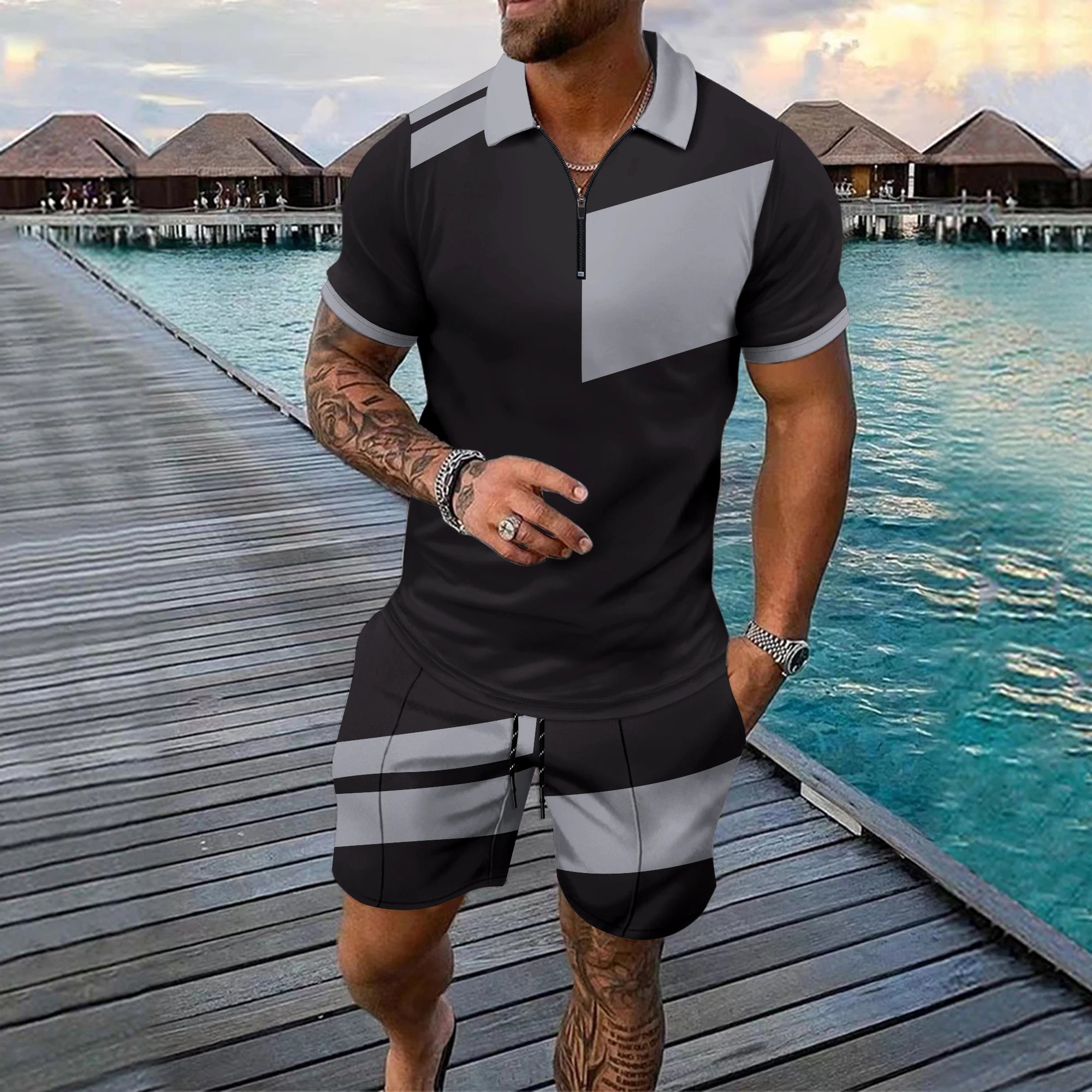 Polo Shirt for Men Shorts 2 Piece Outfit