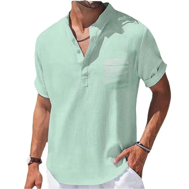 Men's Linen Short Sleeve Shirt with Stand Collar