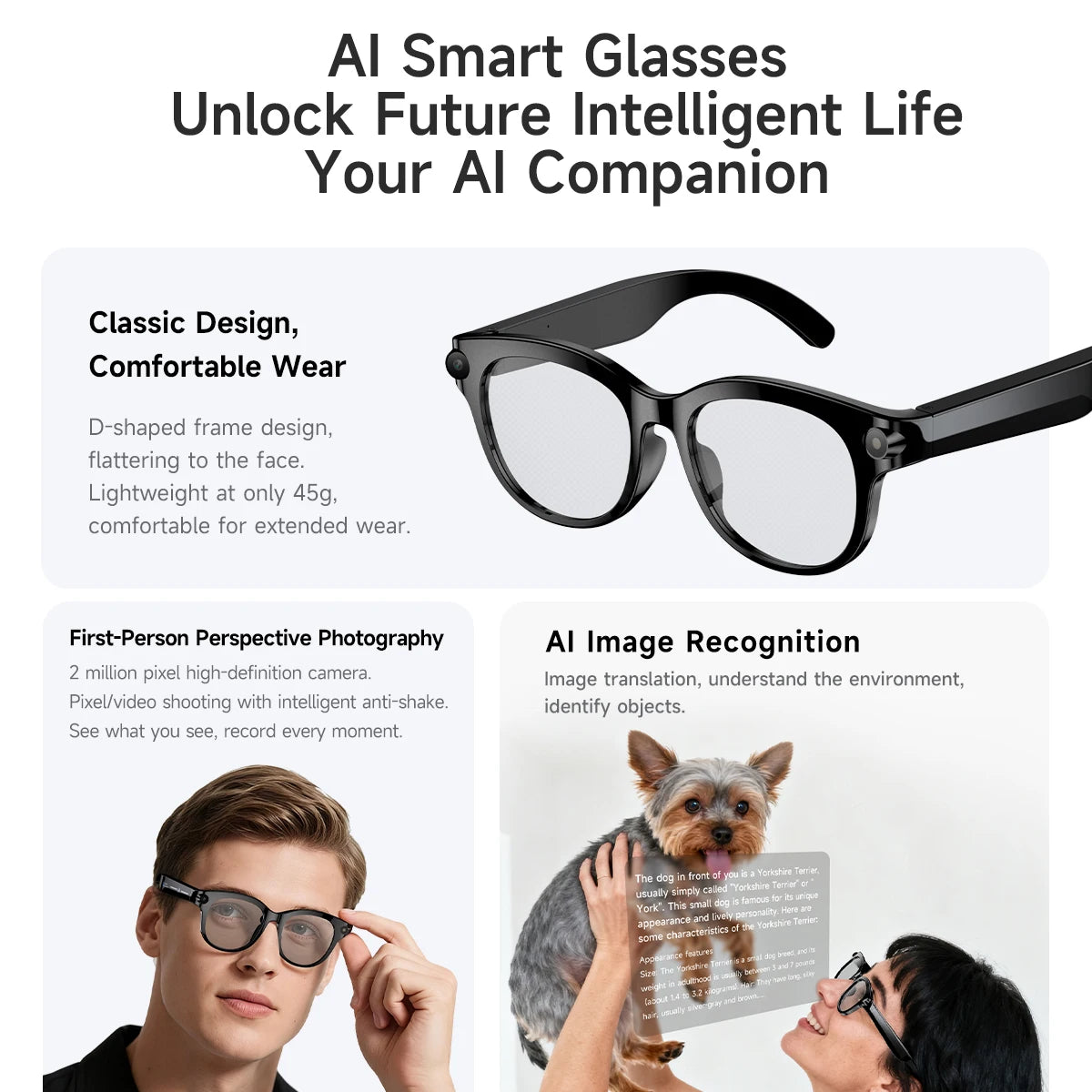NEW AI Smart Glasses HD Camera LED light AI Translation Dialogue 290mAh Battery Meeting Video Record Outdoor Sports Sunglasses