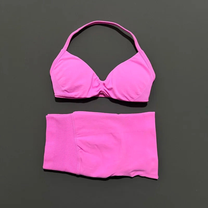 2 Piece Sports Set Women Strappy Yoga Bra Gym Workout Scrunch Shorts Sports Suit Fitness Clothes Seamless Yoga Set