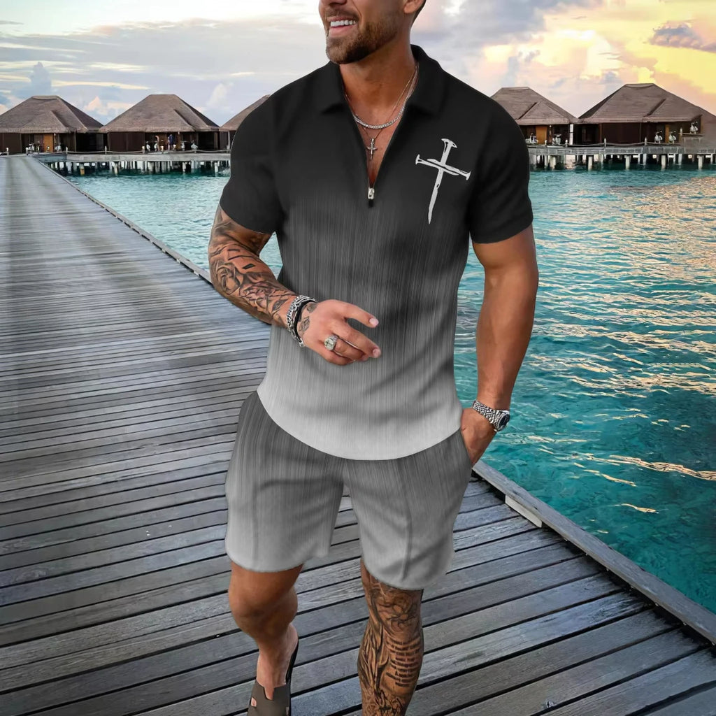 Summer 3D Print Men's Polo Shirt Set