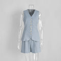 New Summer Women 2 Piece Cotton Linen Shorts Set, Fashion Office Lady Button Tank Vest Top Pocket Shorts Suit, Casual Outfits
