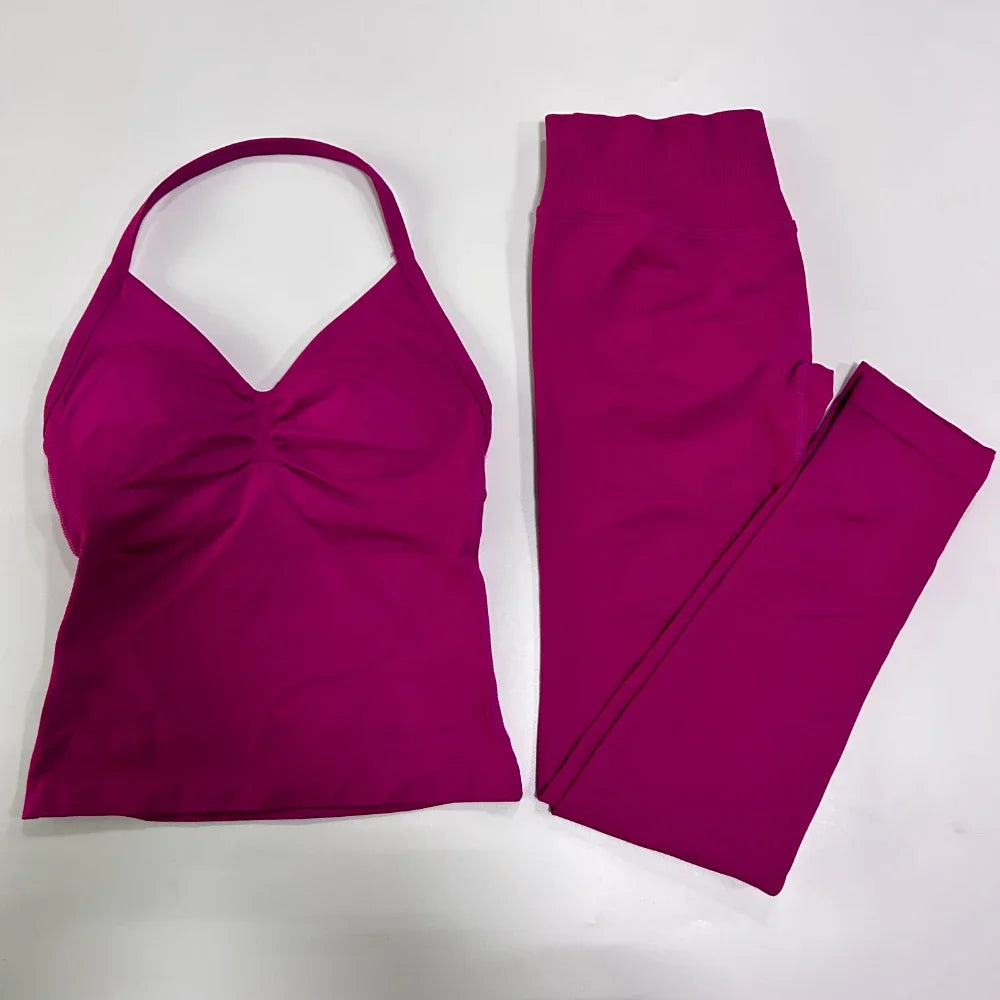 NO LOGO 2 Pieces Leggings Set Women Seamless Yoga Set Backless Tank Tops High Waist Scrunch Suit Fitness Scrunch Gym Sportswear