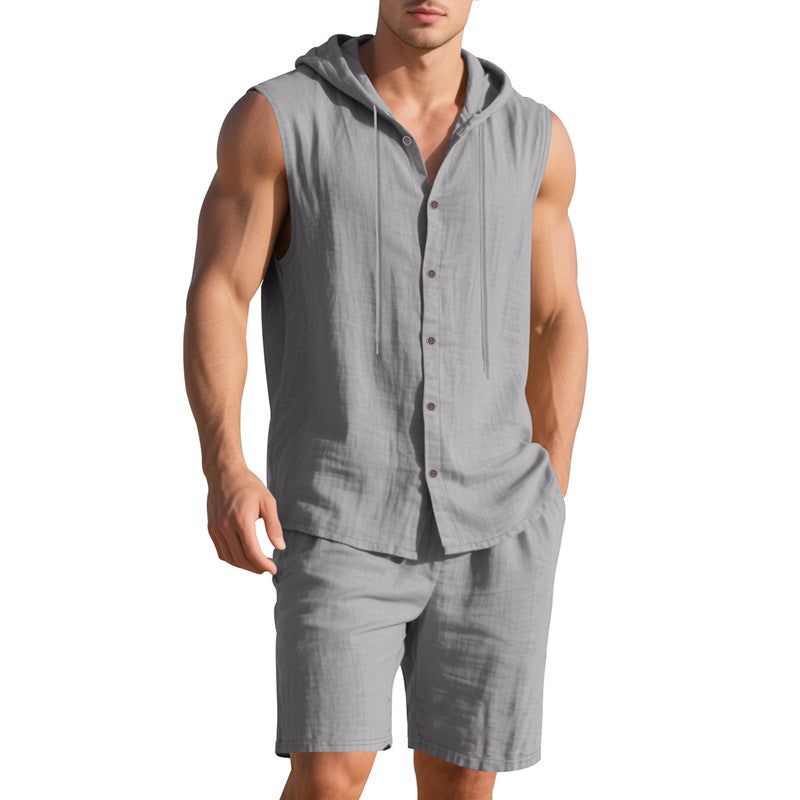 Men's Linen Hooded Vest and Shorts Set