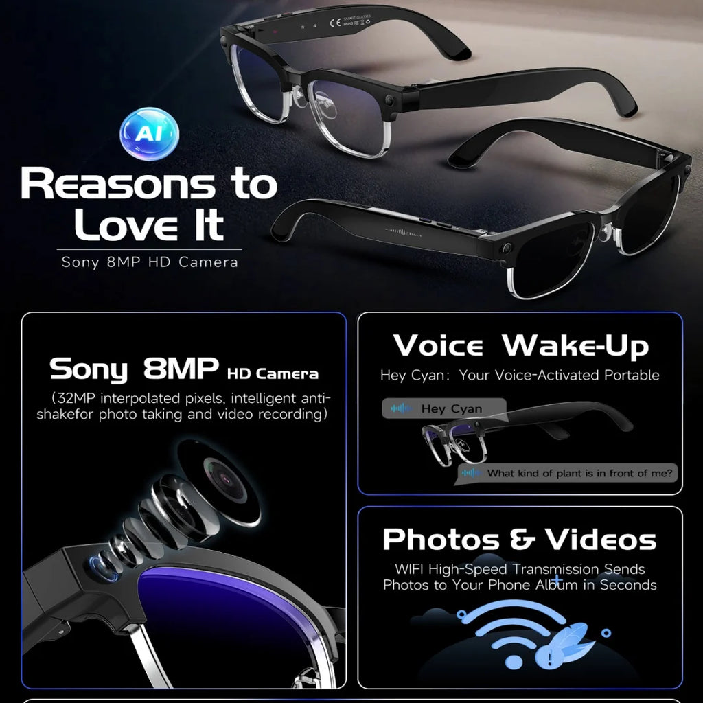 AI Smart Glasses 8MP Bluetooth Waterproof IP66 with Video Recording Photo Recognition Translation 290mAh Glasses for Everyday Us