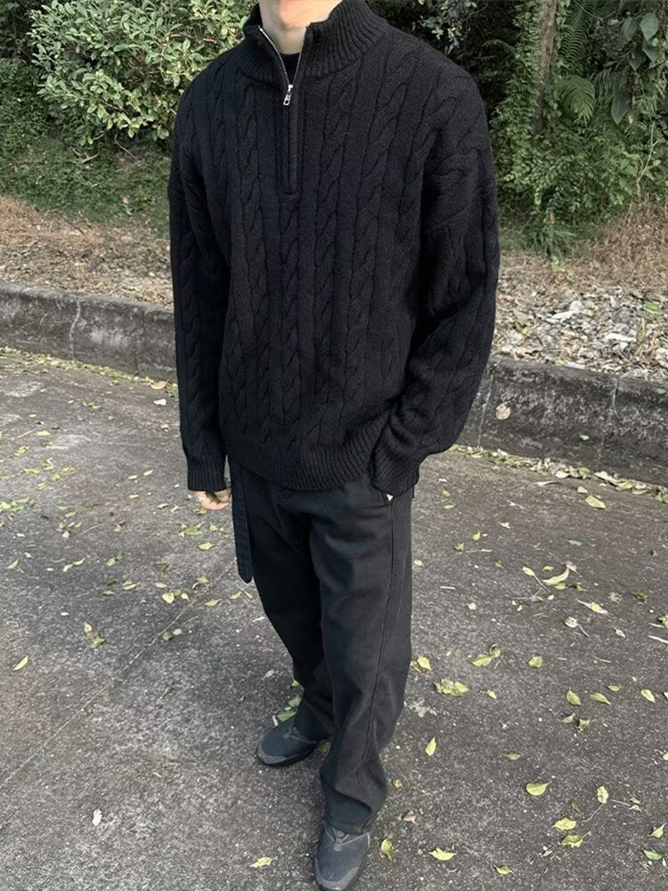 Half-Zip Cable Knit Sweater Men Stand Collar
