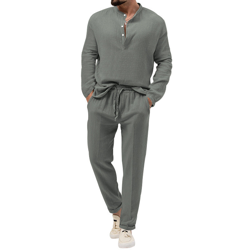 Men's Pure Color Casual Long Sleeve Shirt and Pants Set