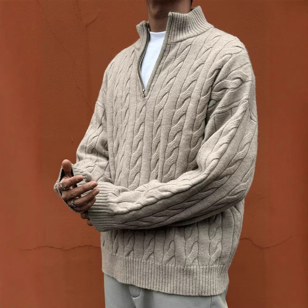 Half-Zip Cable Knit Sweater Men Stand Collar
