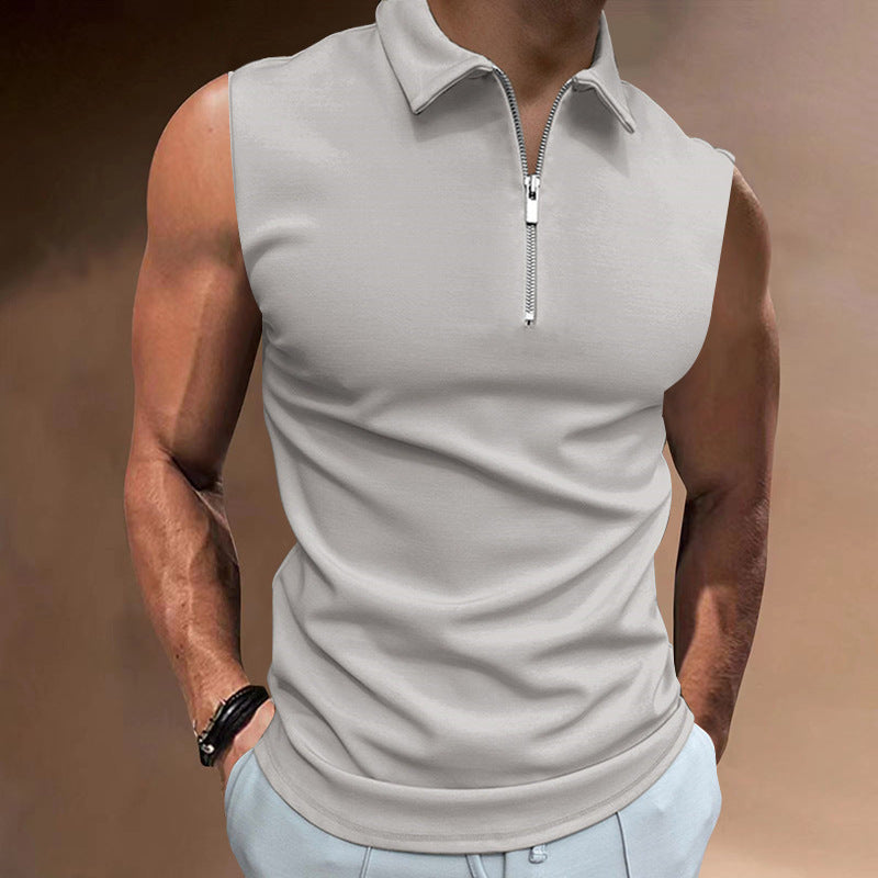 Men's Solid Color Sleeveless Polo Shirt - Casual Tops