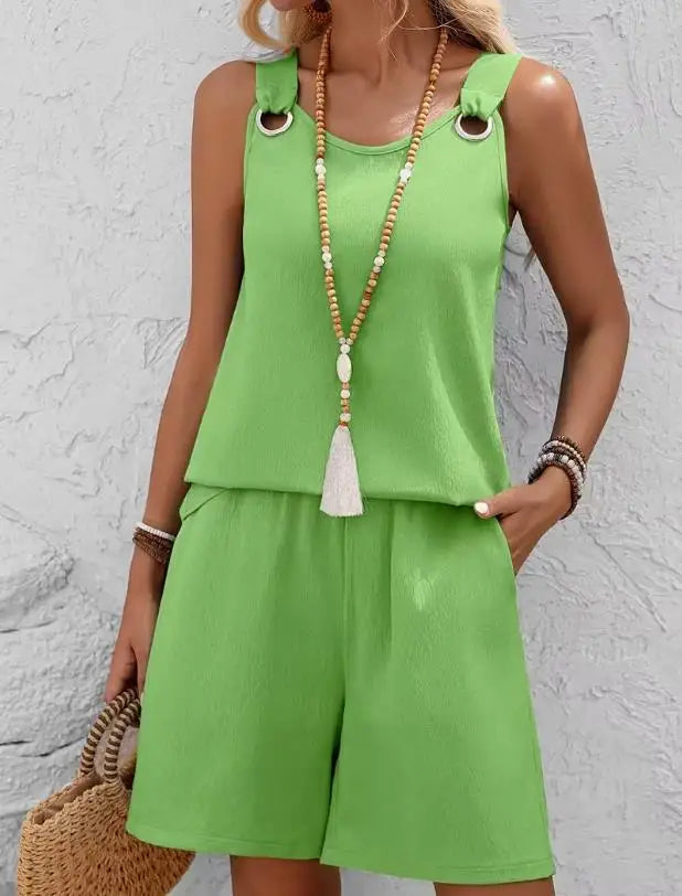 Women Casual Fashion Set with Suspender Sleeveless Solid Color Top and Pants Set Comfortable Clothing Summer Shorts Sets Women