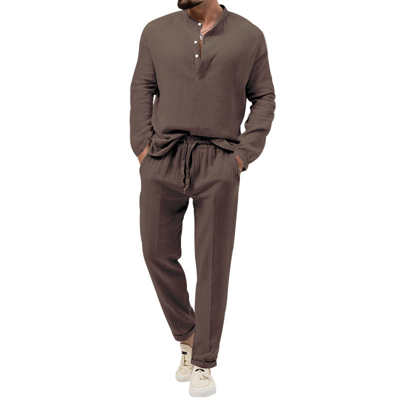 Men's Pure Color Casual Long Sleeve Shirt and Pants Set