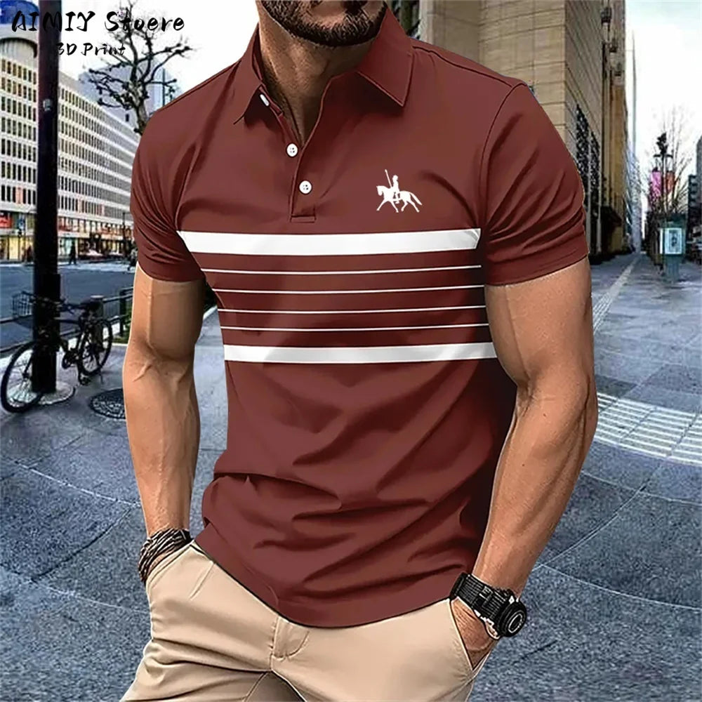 Men's Polo Shirt Striped Polo Shirt Casual Men's Top Short Sleeve Lapel Shirt White Base Gray Stripe Versatile Business Wear