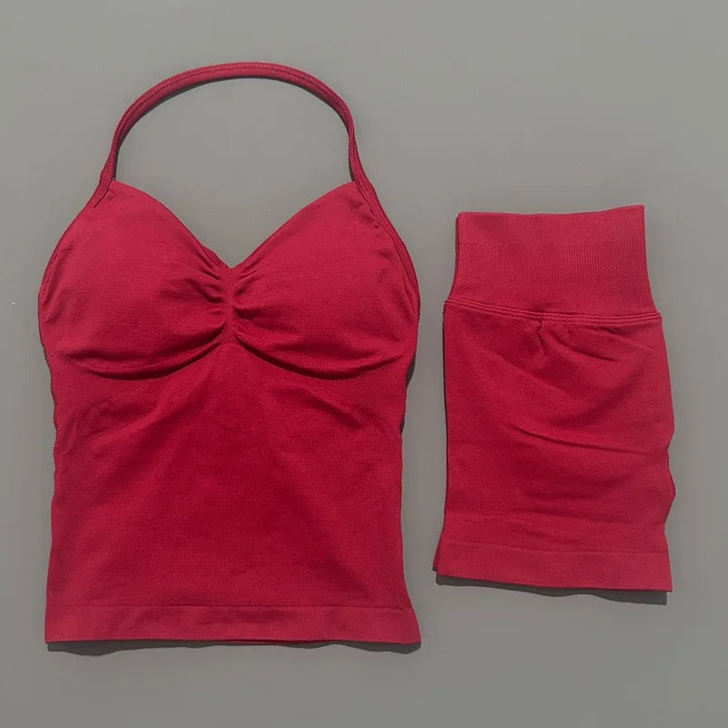 2 Piece Impact Sports Set Women Backless Halter Tops Fitness Tank Top High Waist Seamless High Stretch Shorts Gym Workout Sets