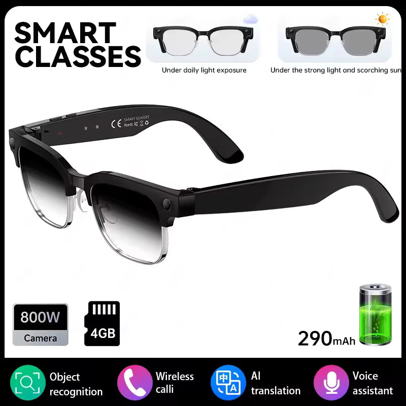 AI Smart Glasses 8MP Bluetooth Waterproof IP66 with Video Recording Photo Recognition Translation 290mAh Glasses for Everyday Us