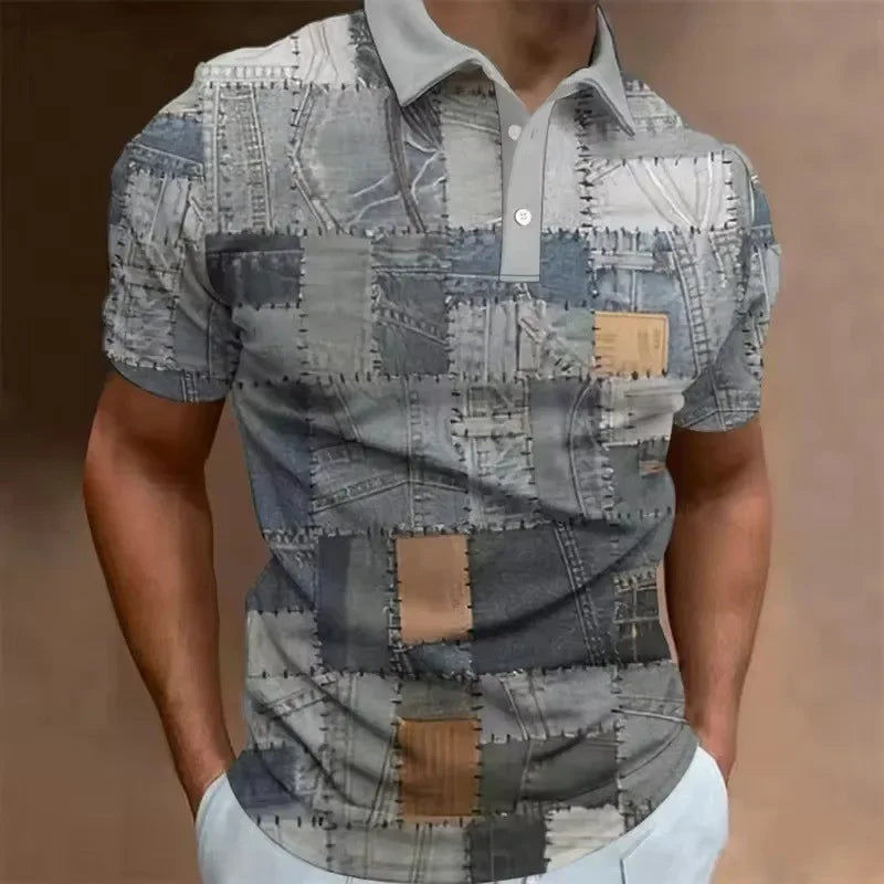 Men's 3D Printed Patchwork Polo Shirt with Retro Pattern, Summer Casual Collar Top