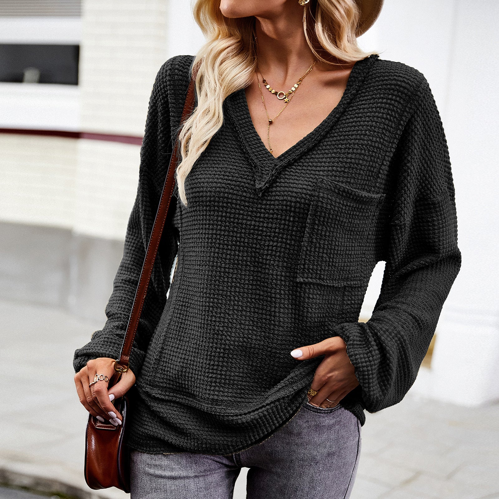 2023 Women's V-Neck Long Sleeve Knit Top