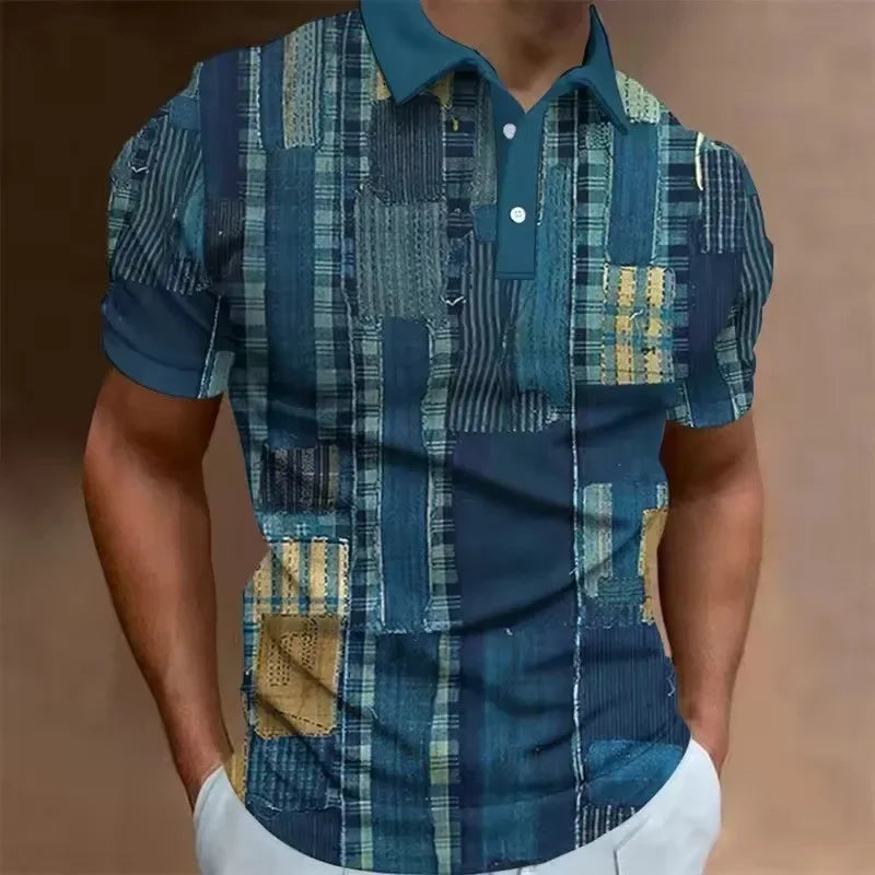 Men's 3D Printed Patchwork Polo Shirt with Retro Pattern, Summer Casual Collar Top