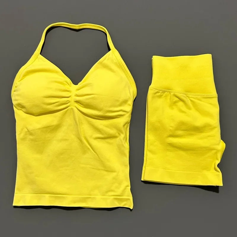 2 Pieces Sports Set Women Backless Halter Tops Fitness Tank Top High Waist Seamless High Stretch Shorts Gym Workout Sets