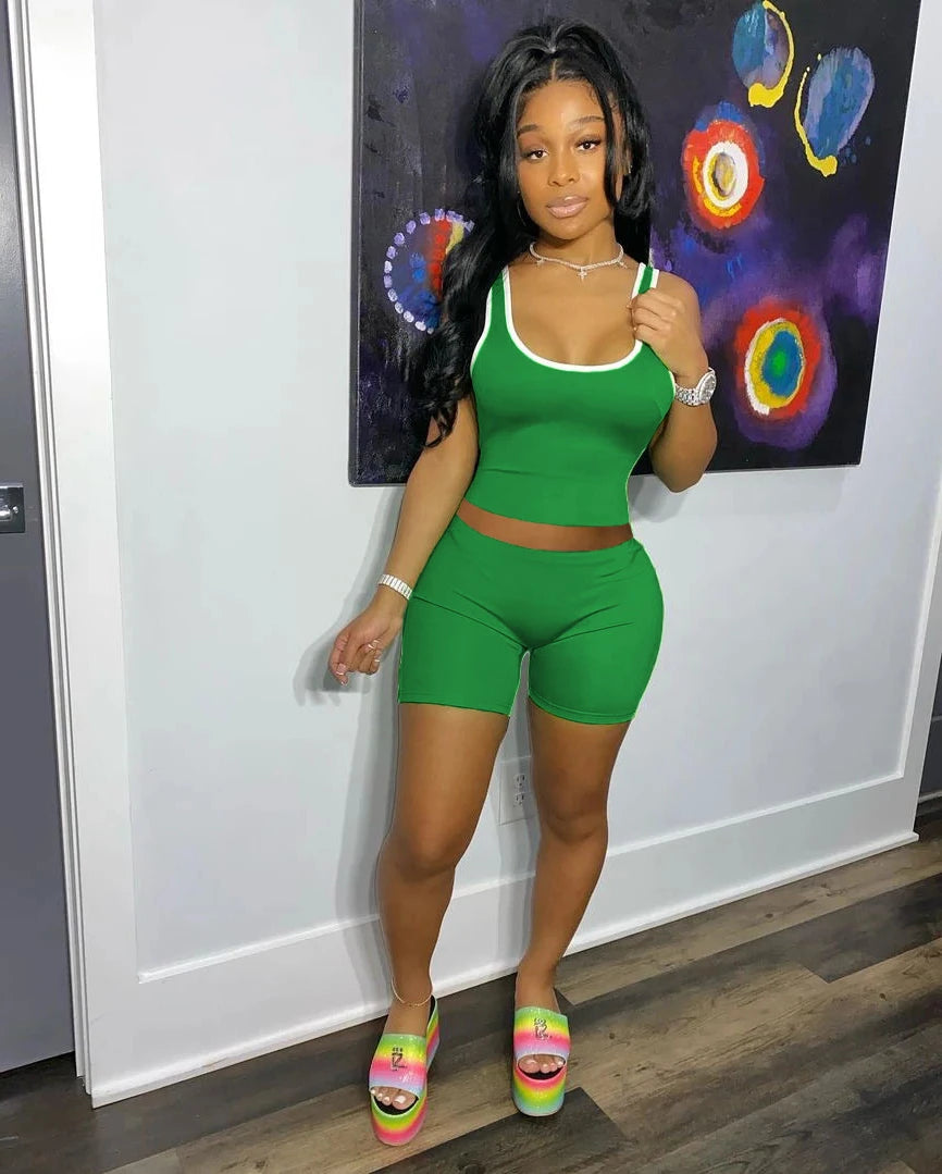 2024 European and American Women's Fashion Sexy Sports Solid Color Tank Top Shorts Set