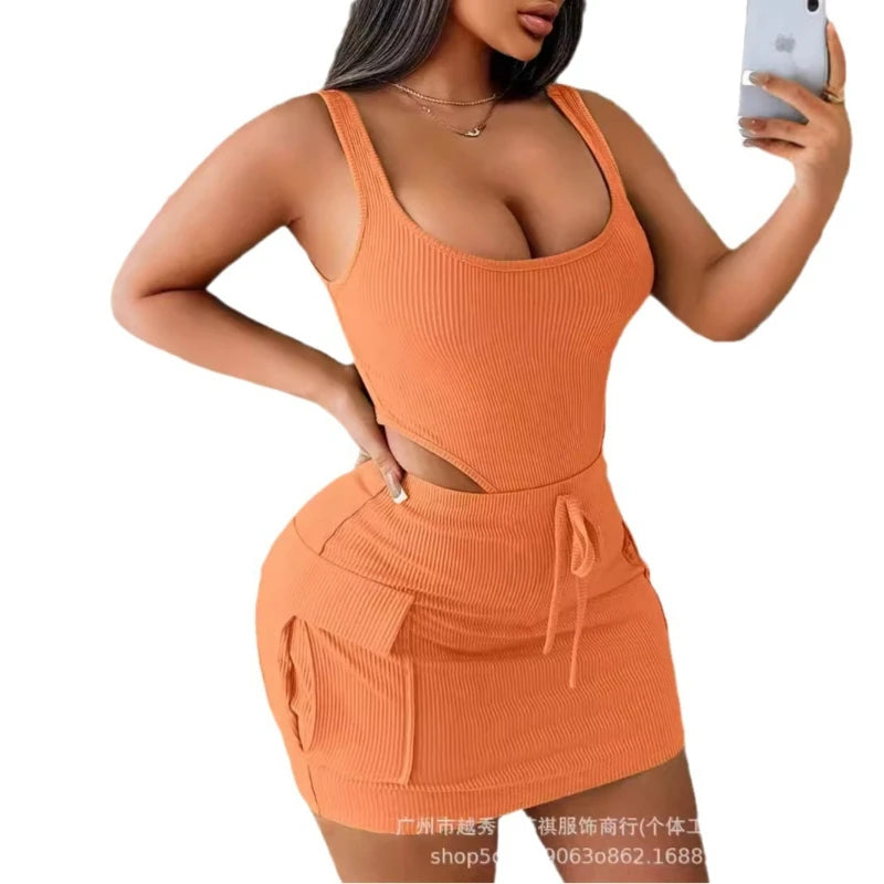 Two Piece Sets Women Skirt Set Shorts U Neck Matching Sets Vests Tops Short Skirts A Line High Waist Casual Hip Wrap Slim Fit