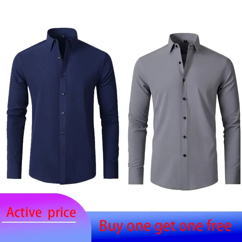 6xl New summer black men's shirt elastic force non-iron long-sleeved business casual shirt solid color mercerized vertical
