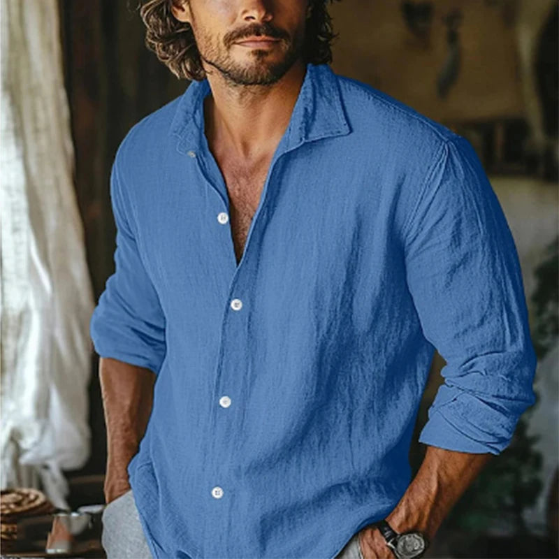 2025 Spring New Casual Solid Color Linen Shirt Mens Long Sleeve Button-up Turn-down Collar Leisure Shirts Vintage Men Clothing