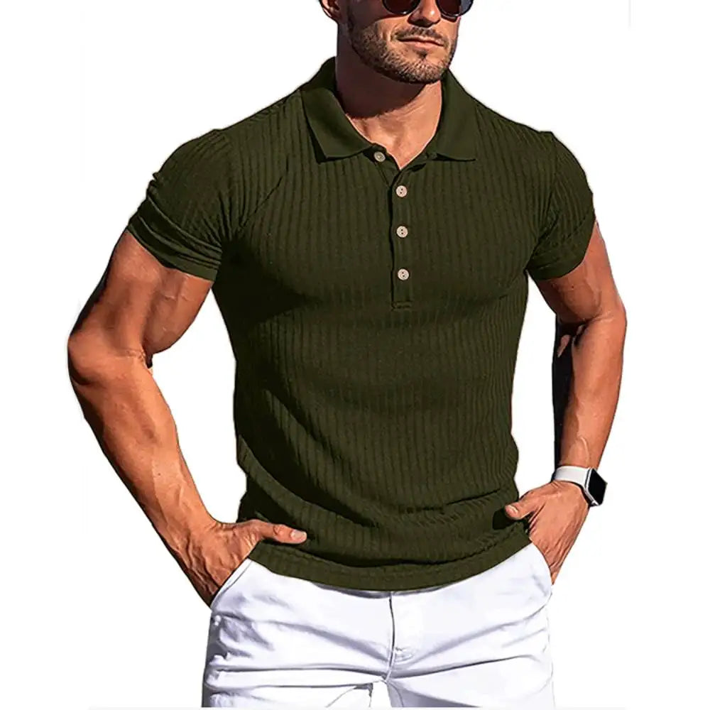 High Stretch Ice Silk Knit Stripe POLO Shirts Mens Slim Short-Sleeve Tops Tee Tshirt Lapel Neck Undershirt