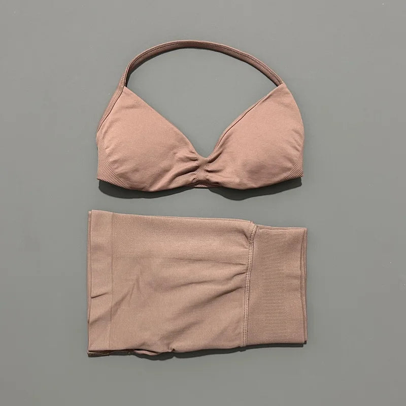 2 Piece Impact Sports Set Women Strappy Yoga Bra Gym Workout Scrunch Shorts Sports Suit Fitness Clothes Seamless Yoga Set