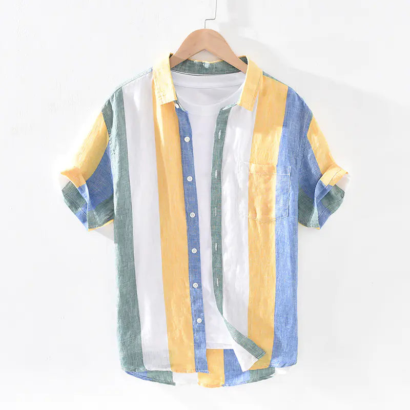 Men's Loose-Fit Striped Linen Short Sleeve Shirt