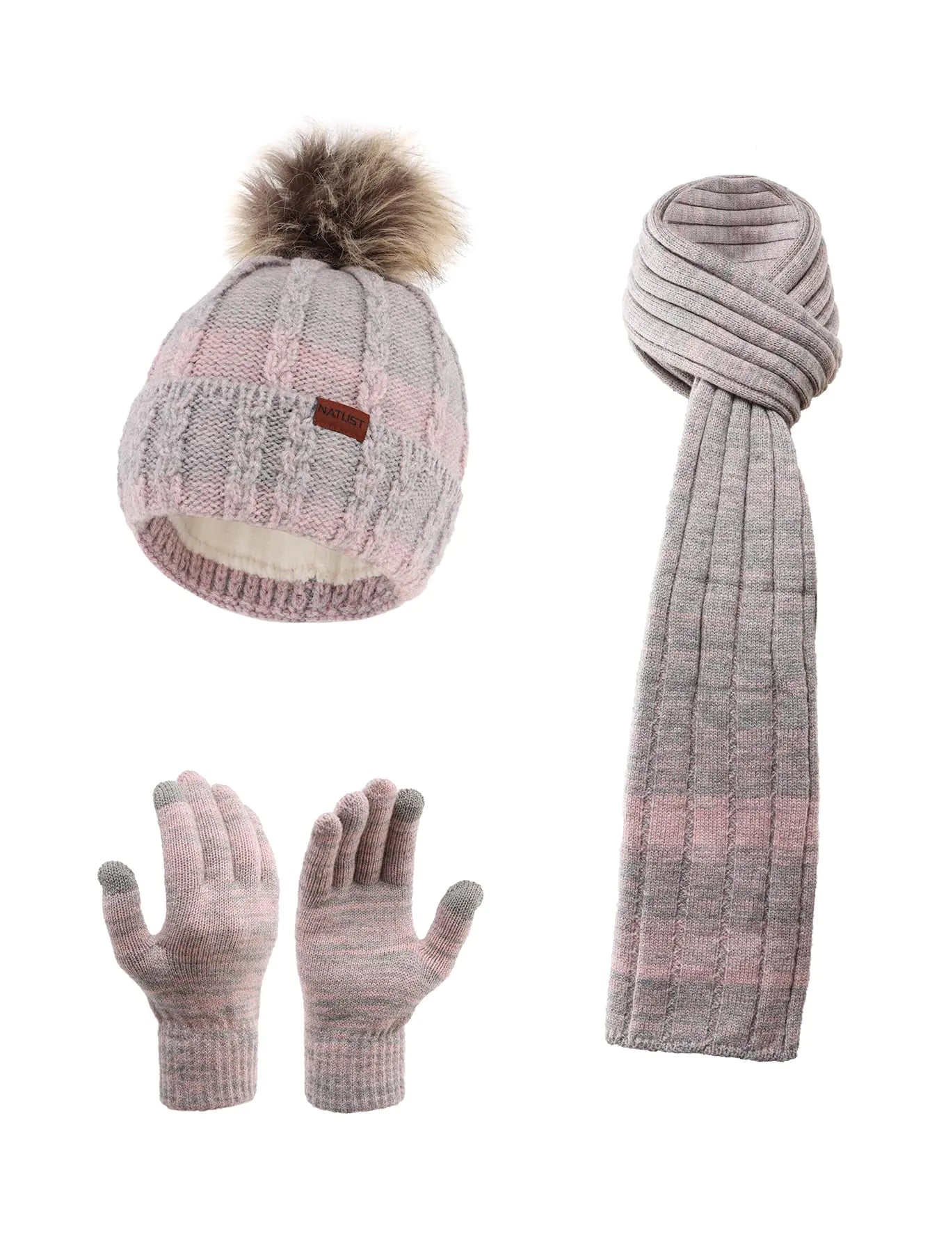3 Pieces Winter Knit Beanie Hat Warm Scarf and Touch Screen Gloves Set