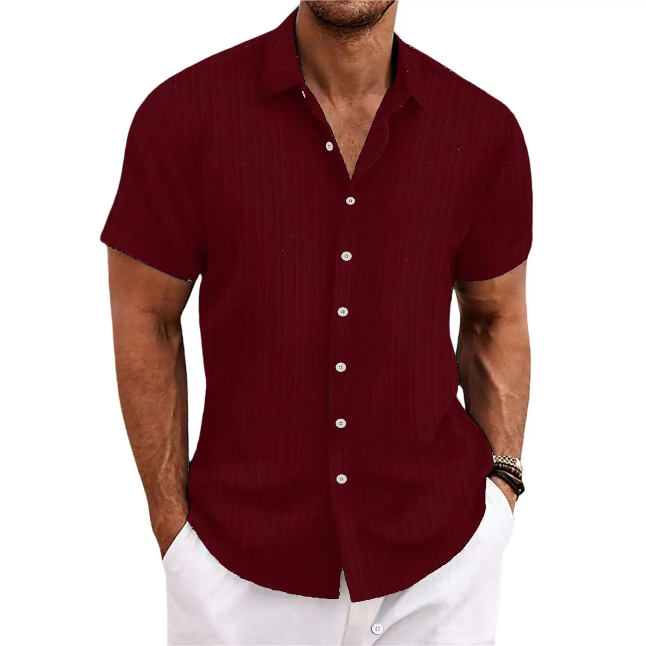 Men's Cotton-Linen Striped Casual Loose Short Sleeve Shirt