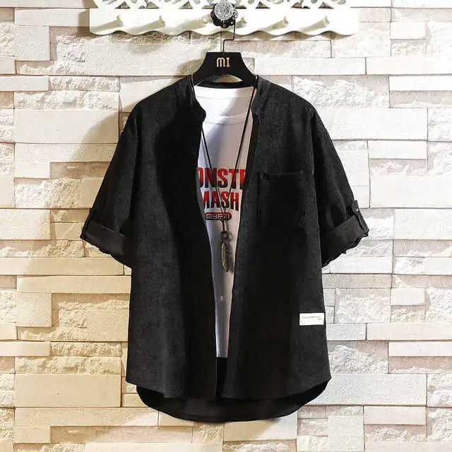 Casual Men's Loose Shirt with Pockets and Stand Collar