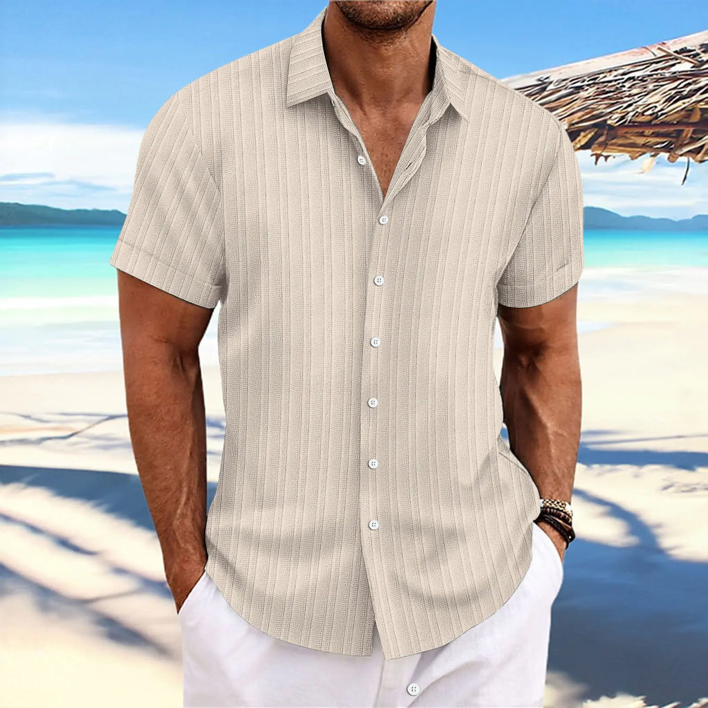 Men's Cotton-Linen Striped Casual Loose Short Sleeve Shirt
