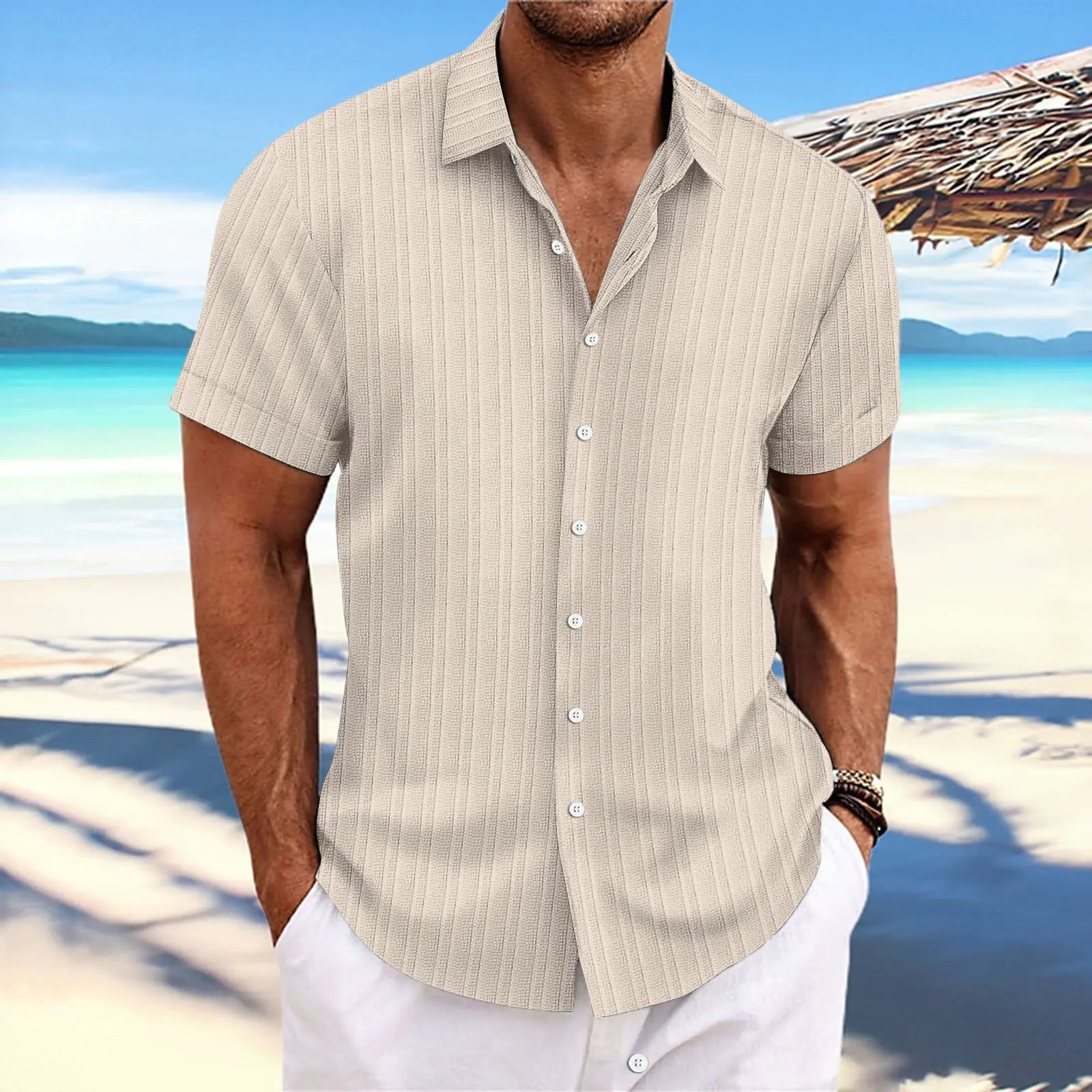 Men's Cotton-Linen Striped Casual Loose Short Sleeve Shirt