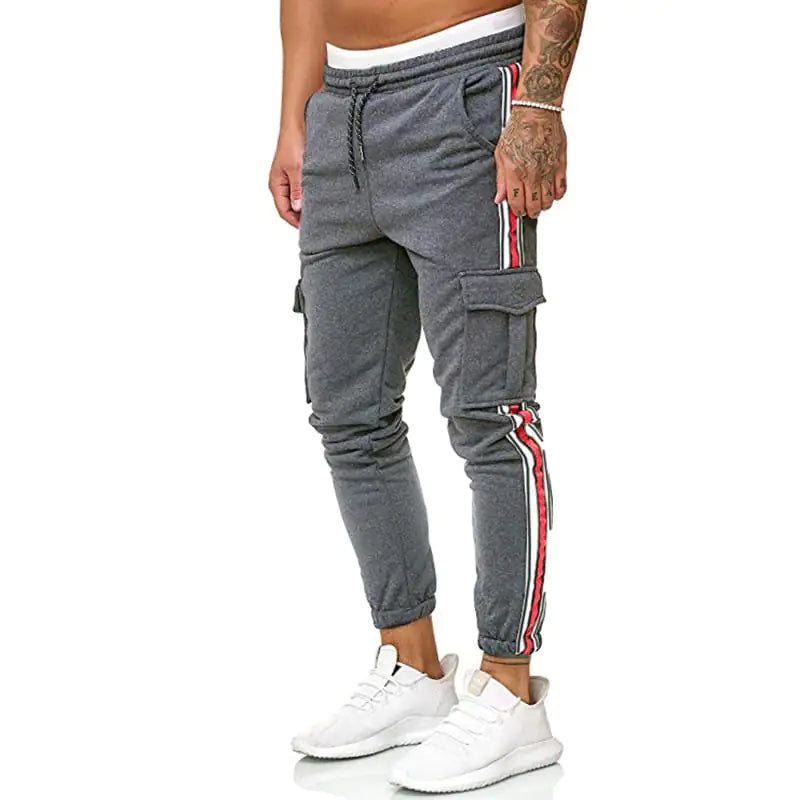 Men's Striped Drawstring Knee Pocket Casual Trousers