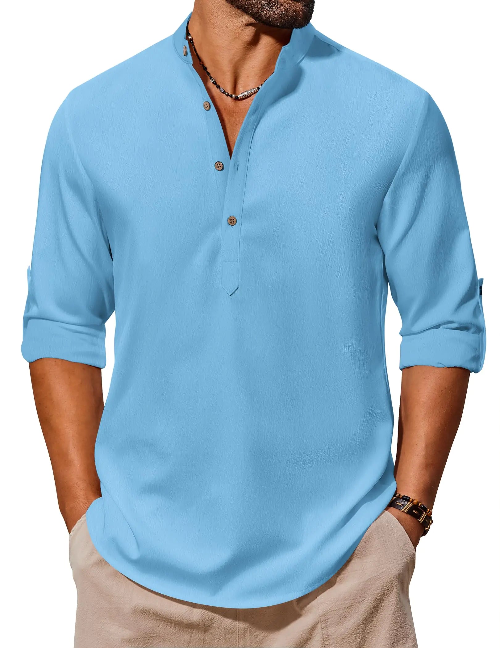 Men Long Sleeve Band Collar Beach Vacation Shirts